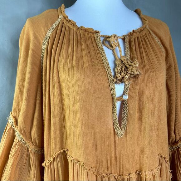 Free People In the Moment Dress M Mustard Yellow Oversized Tiered Boho Shift - Picture 6 of 13